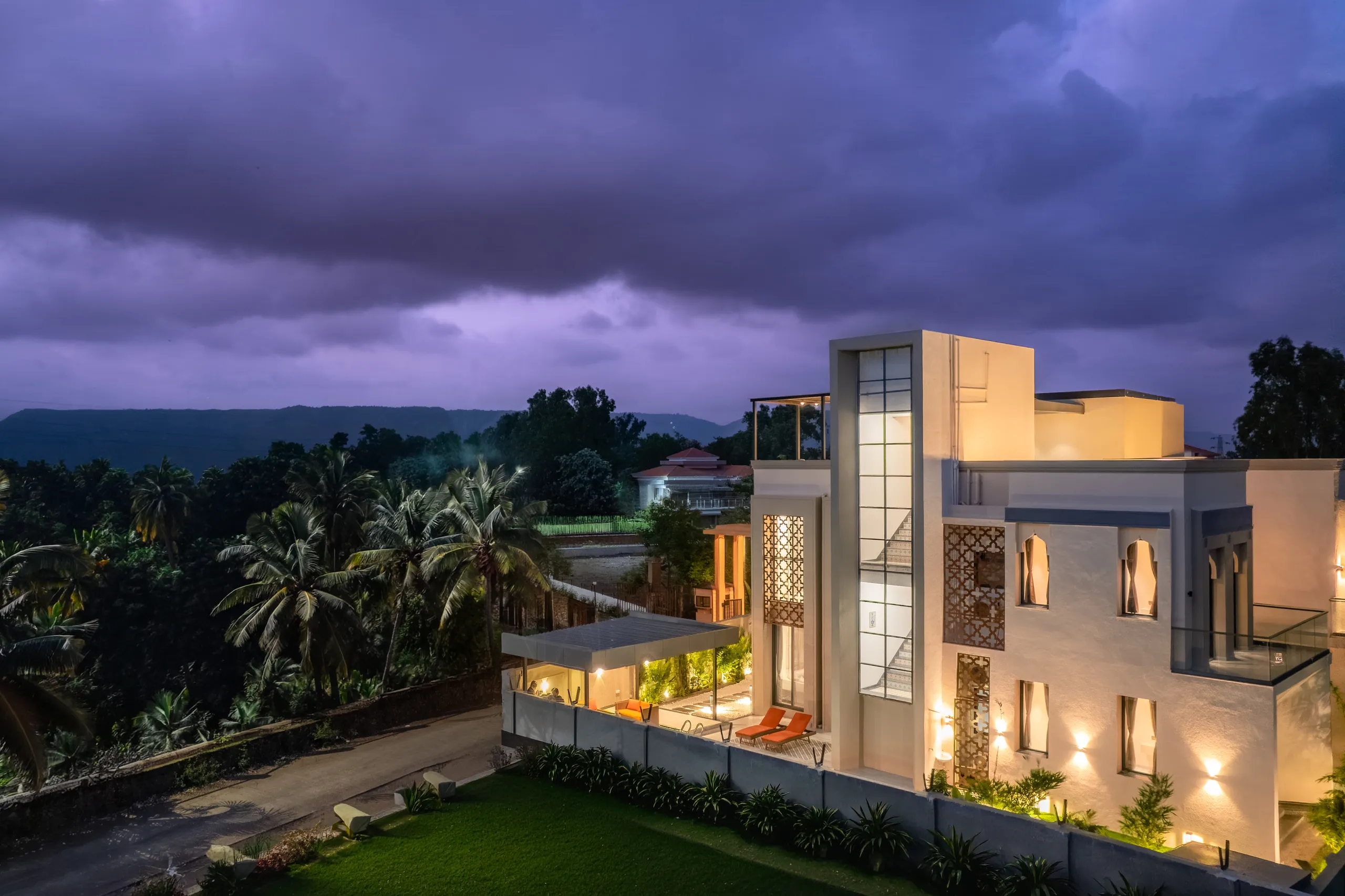 Tatva Stays aerial view at dusk